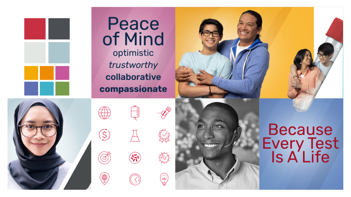 Ortho Clinical Diagnostics mood board Mood board showing Ortho’s brand pillars of optimistic, trustworthy, collaborative, and compassionate.