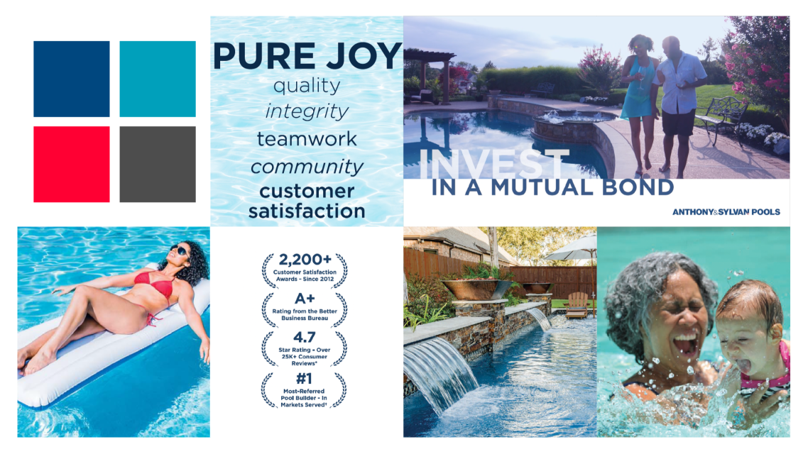 Anthony & Sylvan mood board Mood board showing Anthony & Sylvan’s brand pillars of quality, integrity, teamwork, community, and customer satisfaction